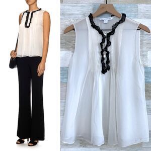 Diane Von Furstenberg Betsy Silk Tuxedo Blouse Black Ivory Sheer Ruffle Womens 8